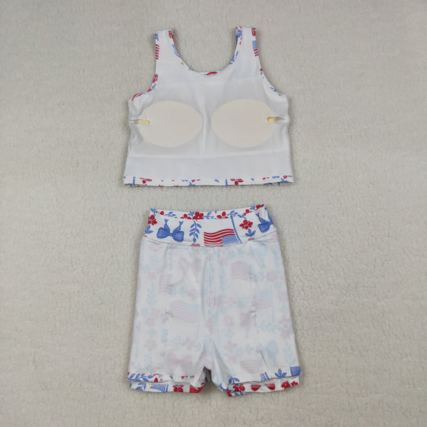 GSD3499 RTS  girl clothes flag bows toddler girl 4th of July yoga skirt outfit sports outfit