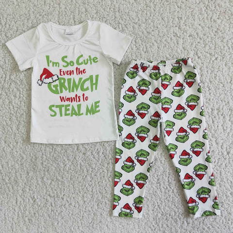 girl i'm so cute short sleeve christmas green long pants set