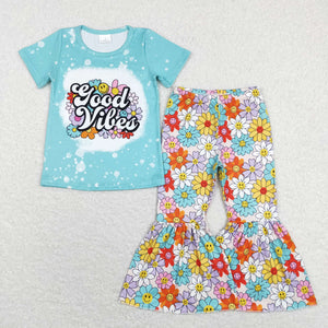 GSPO1239 baby girl clothes girls good vibes toddler bell bottoms outfit spring fall set