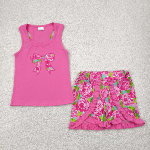 GSSO1605 RTS girl summer outfit floral bow girl summer shorts set-embroidery