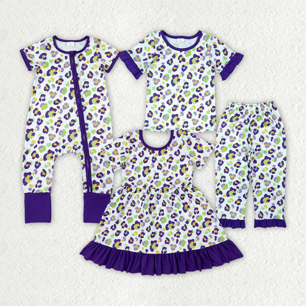 RTS Matching clothing kids Mardi Gras purple leopard print short sleeve clothes-2026.10.27
