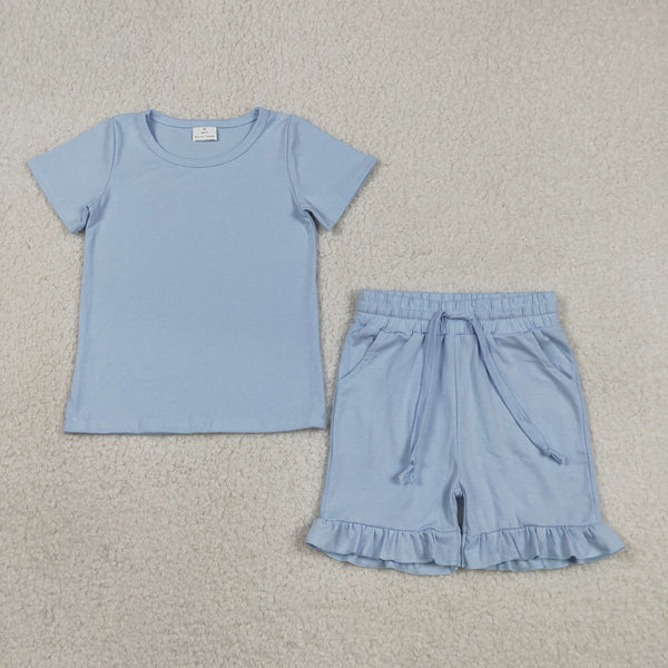 GSSO3349 RTS kids girl clothes cotton blue girl summer shorts set