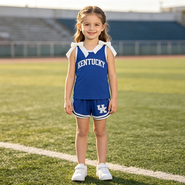 RTS GSSO3830 kids girl clothes cotton blue summer bows shorts set 2