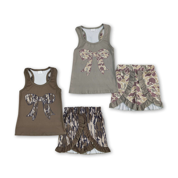 RTS baby clothes girl summer set  camo bows baby summer shorts set