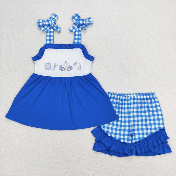 GSSO0717 RTS  baby girl clothes police gingham blue toddler girl summer outfits¡ꡧprint svg¡ê?