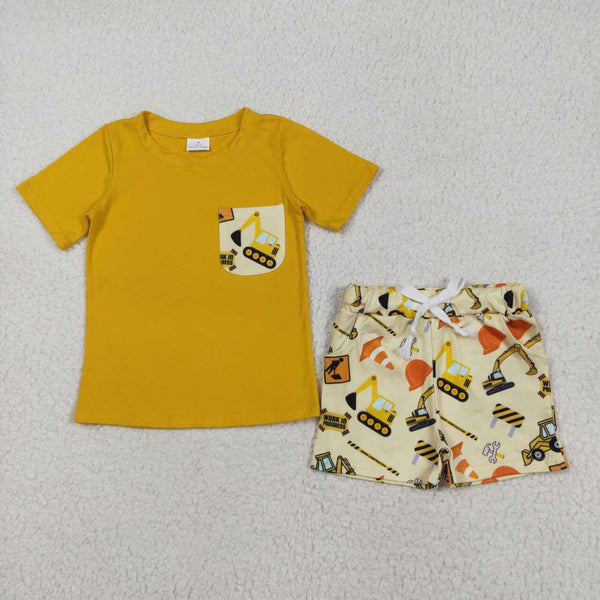 BSSO0529 boy clothes yellow tractor pocket toddler boy summer outfit