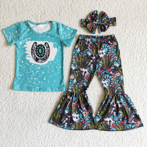 C1-25 girl blue cactus short sleeve bell bottom fall spring set-promotion 2024.6.15 $2.99