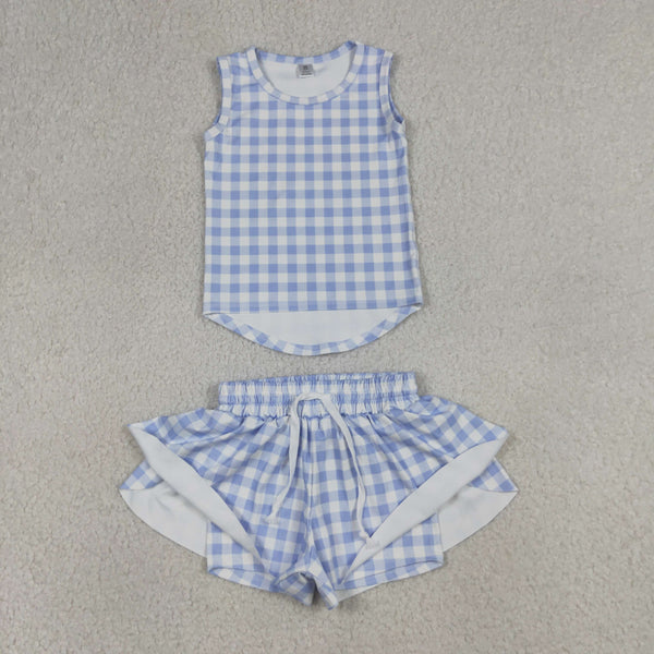 GSSO3479 RTS girl clothes blue gingham  toddler girl yoga summer outfit sports clothing set