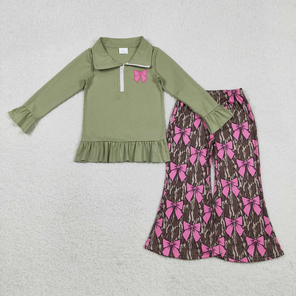 RTS kids matching clothing embroidery bows print clothing baby girl  bell bottom pant clothing-2025.11.26