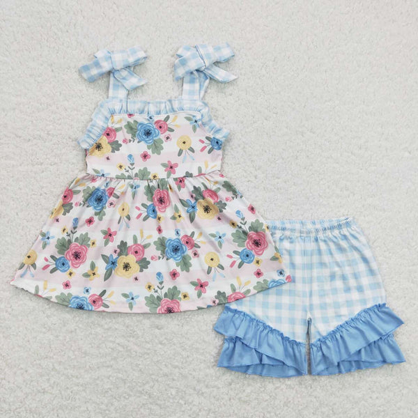 GSSO0586 baby girl clothes blue flowers girl summer outfits summer shorts set