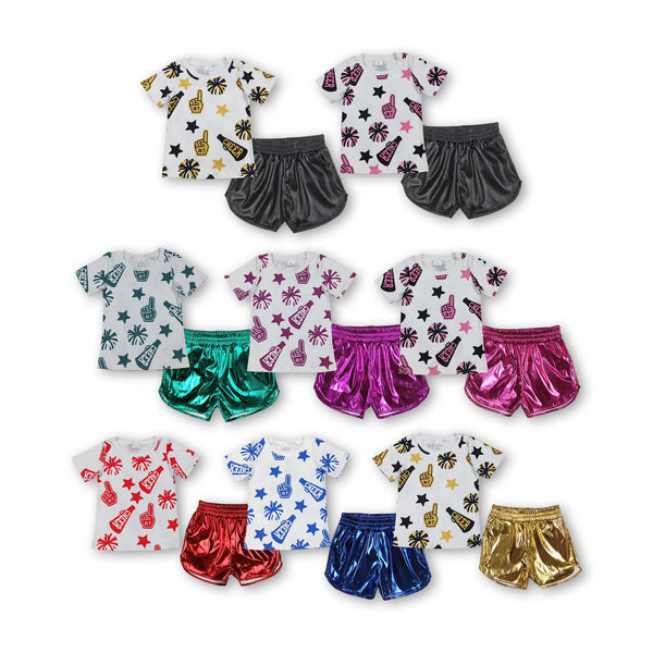 RTS girl clothes girl summer set  colorful cheer girl summer leather shorts set