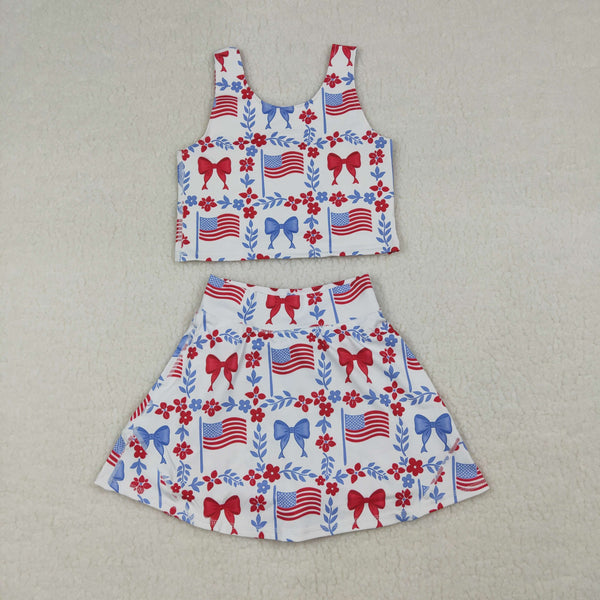 GSD3499 RTS  girl clothes flag bows toddler girl 4th of July yoga skirt outfit sports outfit