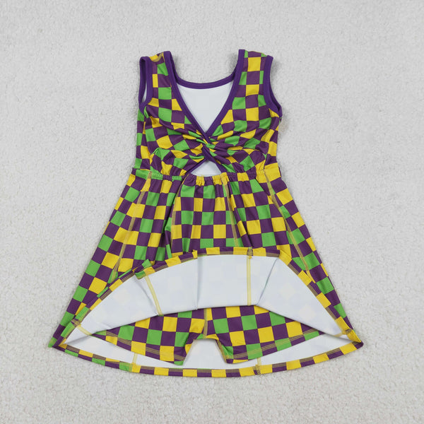 GSD2946 RTS toddler clothes mardi gras  purple plaid girl yoga summer dress