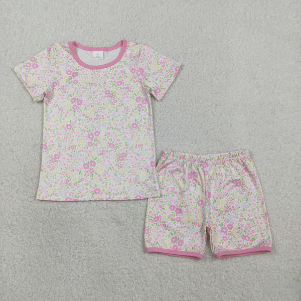 GSSO3129  RTS kids clothes pink flower print girl summer clothing set  shorts set