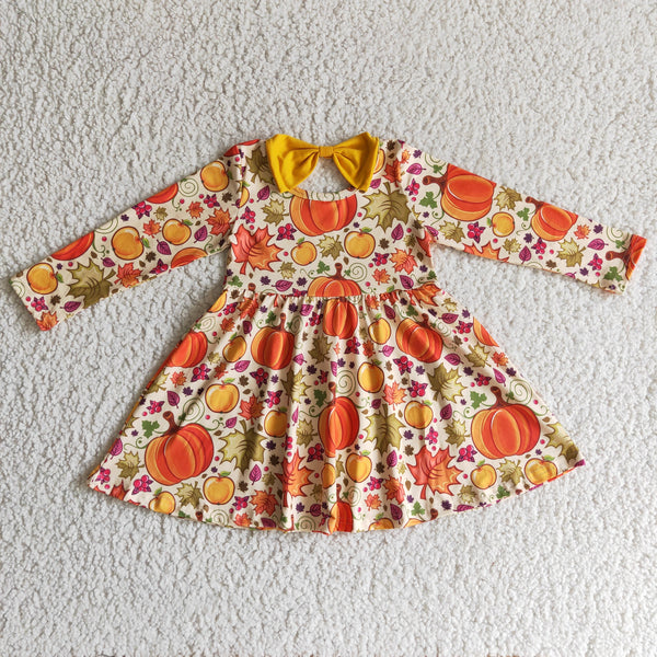 GLD0055 kids clothes girls girl halloween pumpkin bow dresses