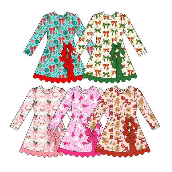 MOQ:5 pcs pre-order Each Style Christmas Santa Bows Yoga Scallop Edge Girl's Dress-2026.8.28