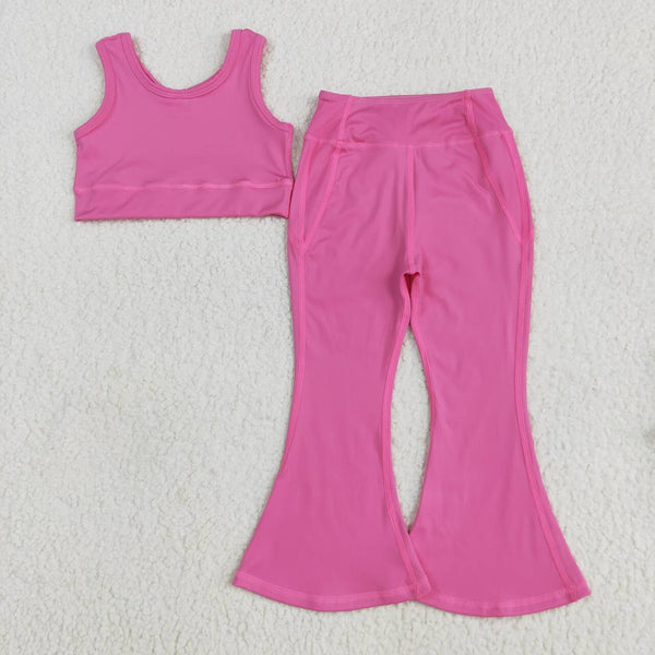 GSPO2002 RTS girl clothes hot pink girl bell bottom pant set yoga clothes atheletic clothes