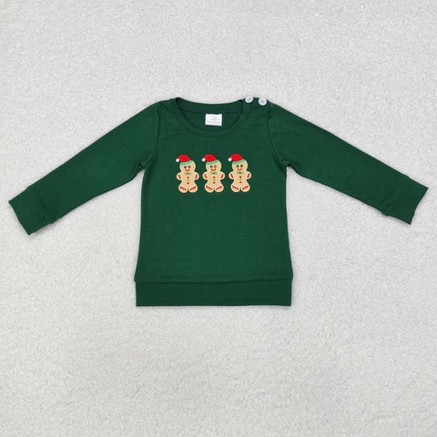 BT0817 RTS toddler  boy clothes green gingerbread man boy christmas winter top shirt-embroidery