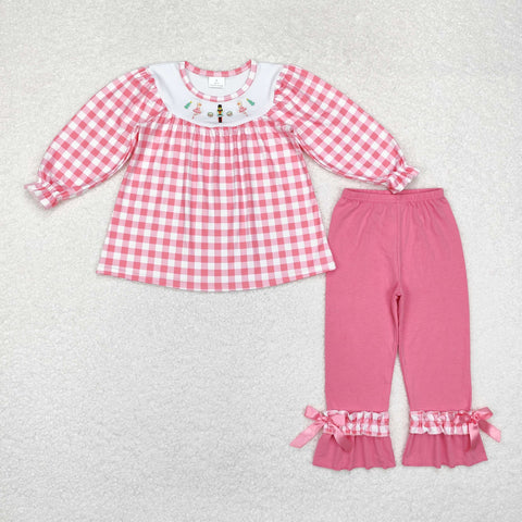 GLP1306 RTS toddler girl clothes pink plaid girl christmas outfit embroidery