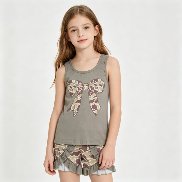 RTS baby clothes girl summer set  camo bows baby summer shorts set