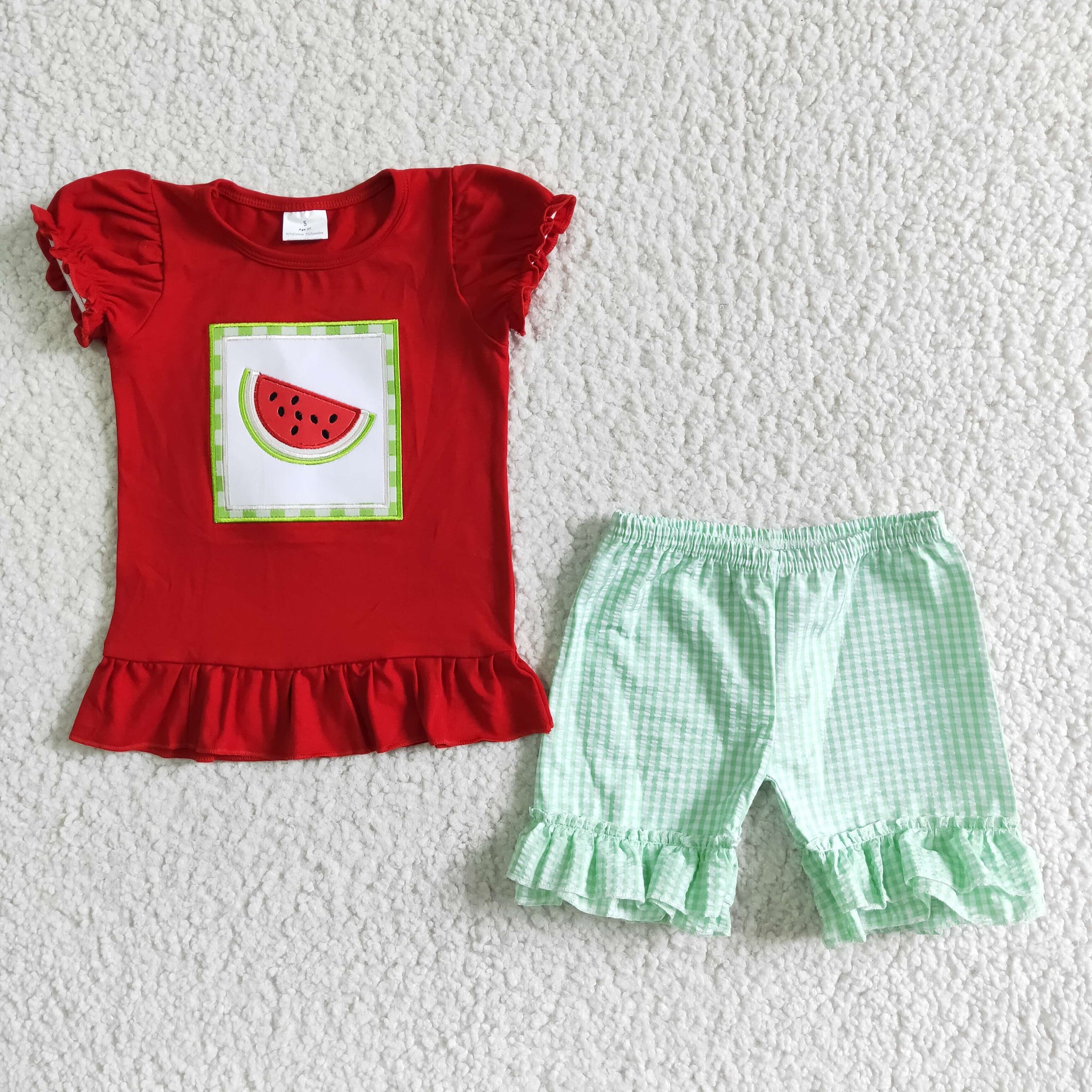 A14-15 girl watermelon emboridery woven shorts summer set-promotion 2024.3.16 $5.5