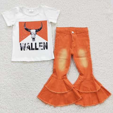 GSPO0546 RTS baby girl clothes toddler girl bell bottom outfit cow wallen outfit