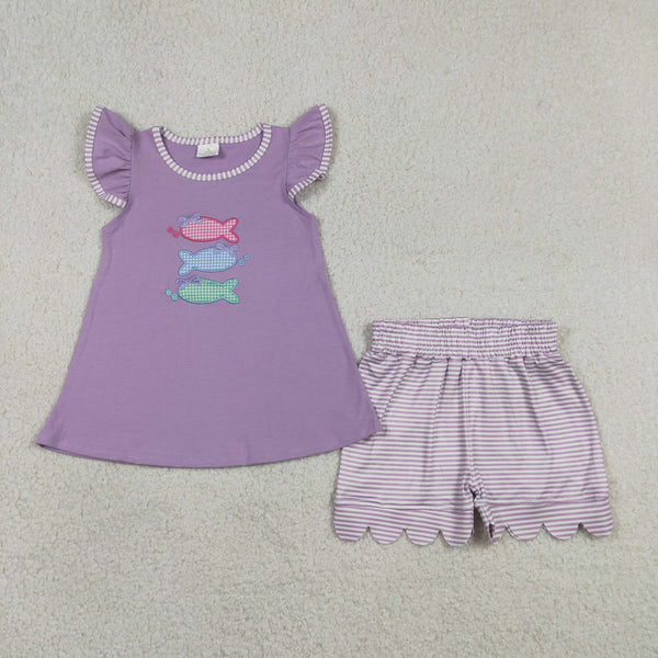 GSSO3242 RTS kids clothes fish embroidery girl summer clothing summer shorts set
