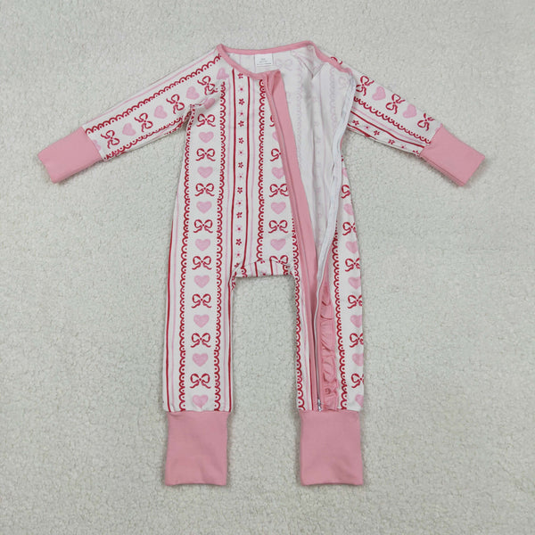 LR2781 RTS baby girl clothes pink bows girl valentine winter romper zip romper