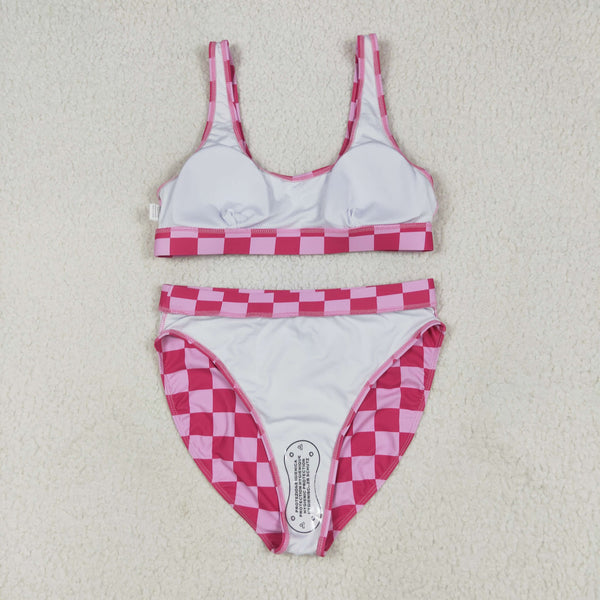 S0559 RTS women clothes pink plaid adult leopard swim suit 2pcs outfit