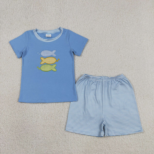 BSSO1905 RTS kids clothes fish embroidery boy summer outfit  clothing summer shorts set