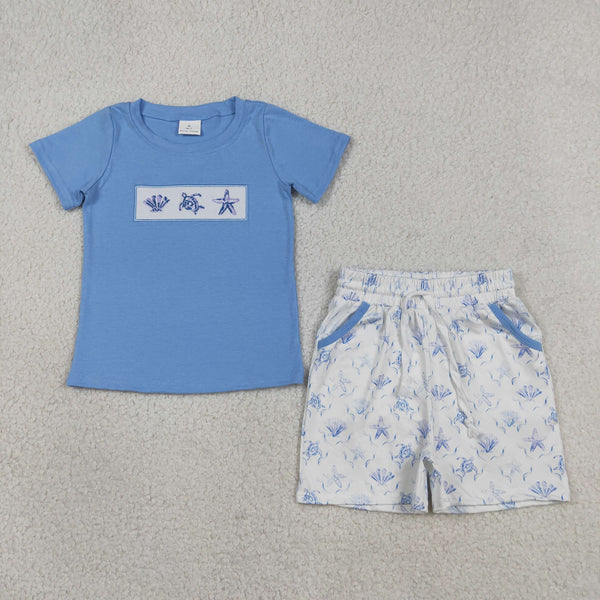 BSSO1979 RTS kids clothes sea turtle embroidery boys summer outfit summer shorts set
