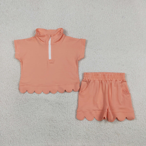 GSSO3374 RTS kids clothes coral cotton girl summer outfit  clothing set scalloped shorts set
