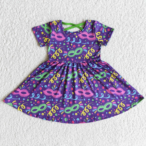 E10-3 kids clothes girls purple short sleeve Mardi Gras twirl dress