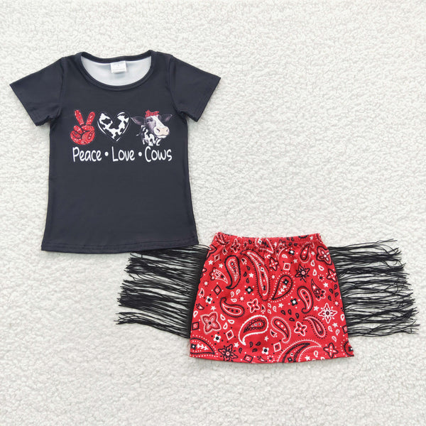 GSD0302 baby girl clothes cow black tassel girl summer shirt set-promotion 2024.6.8 $5.5