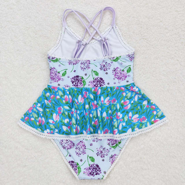 S0246 RTS baby girl clothes purple floral girl summer swimsuit