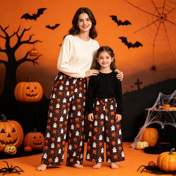 RTS Matching clothing family halloween ghost pumpkin leopard print women & kid wide leg pant fall clothing-2026.9.15
