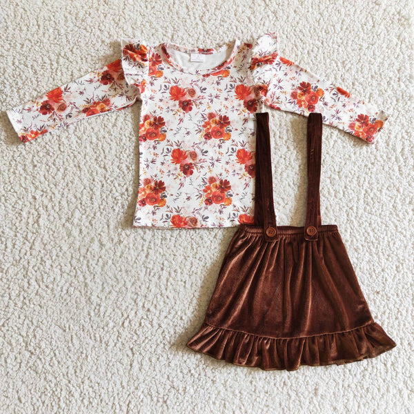 GLD0141 baby girl clothes winter brown floral velvet outfits