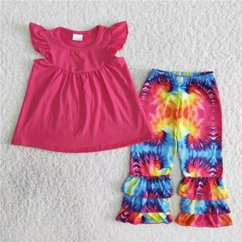 B11-16 girl hot pink tie dye capris flutter sleeve spring fall set-promotion 2024.7.6 $2.99