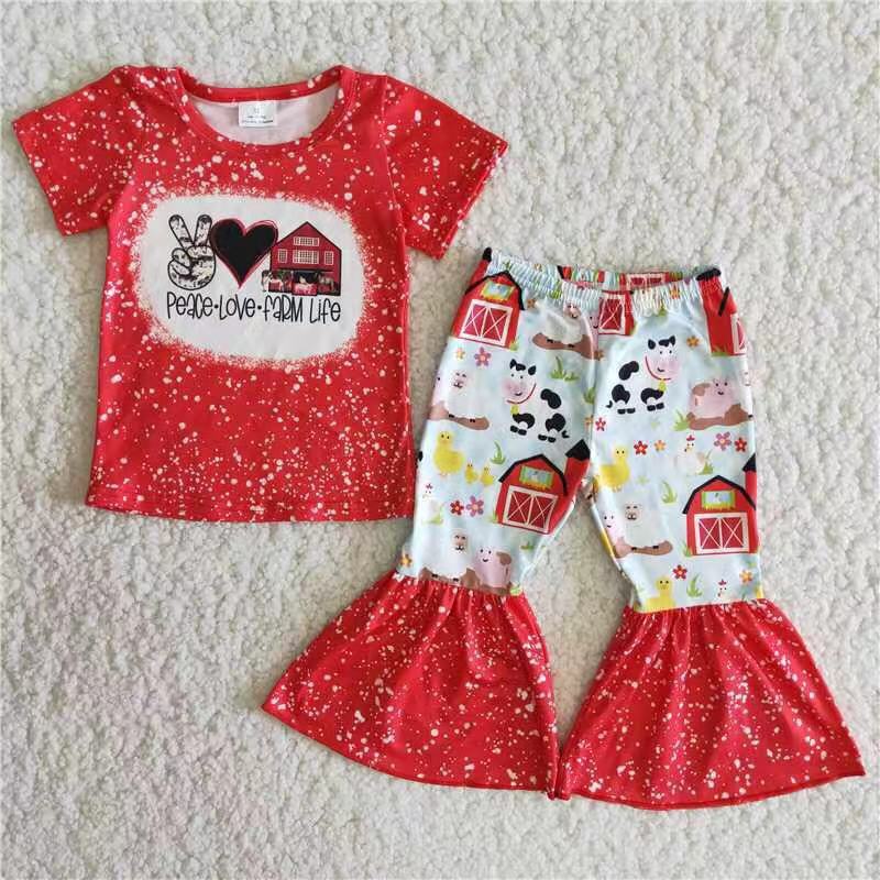 B12-23 girl red cow house farm short sleeve spring fall set-promotion 2024.7.6 $2.99