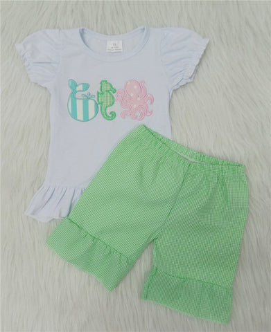 C6-21 baby girl clothes summer green emboridery woven shorts set-promotion 2024.3.30 $5.5