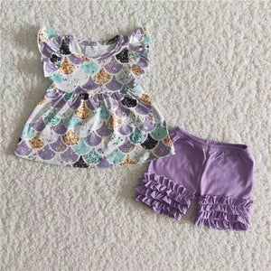 B17-9 girl  summer  fish scales flutter sleeve set-promotion 2024.3.9 $5.5