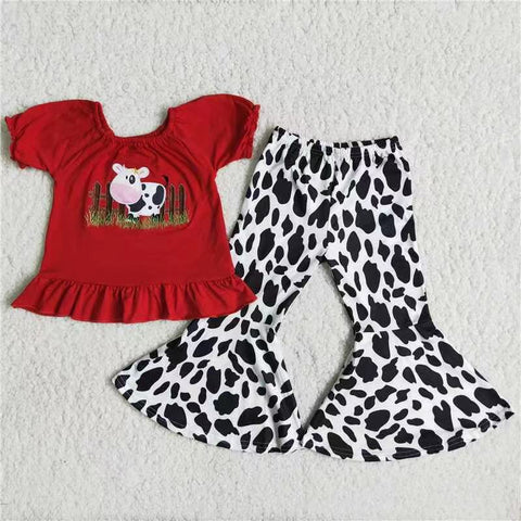 B18-13 toddler girl clothes cow farm red embroidery girl set-promotion 2023.7.31