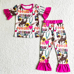 B5-28 girl clothes cowgirl heart hot pink fall spring short sleeve set-promotion 2024.3.9 $2.99