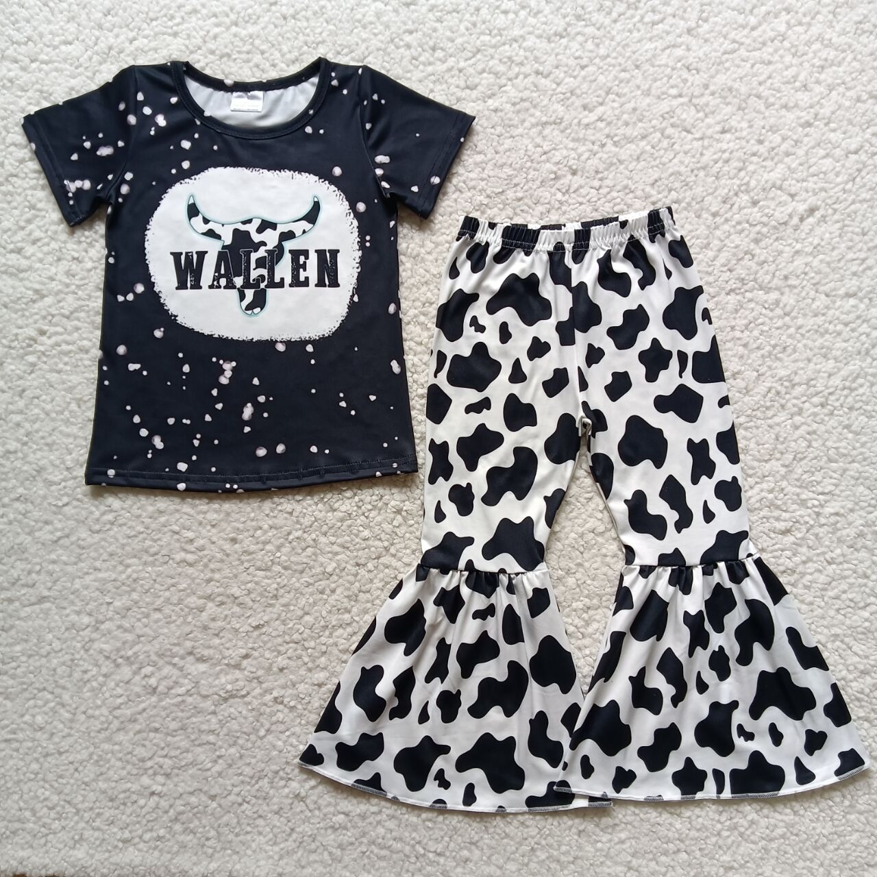 B6-25 girl black wallen cow short sleeve spring fall set-promotion 2024.6.8 $2.99