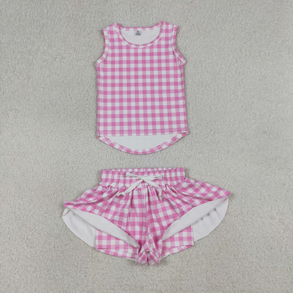GSSO3478 RTS baby girl clothes pink gingham print toddler girl yoga summer outfit sports clothing set