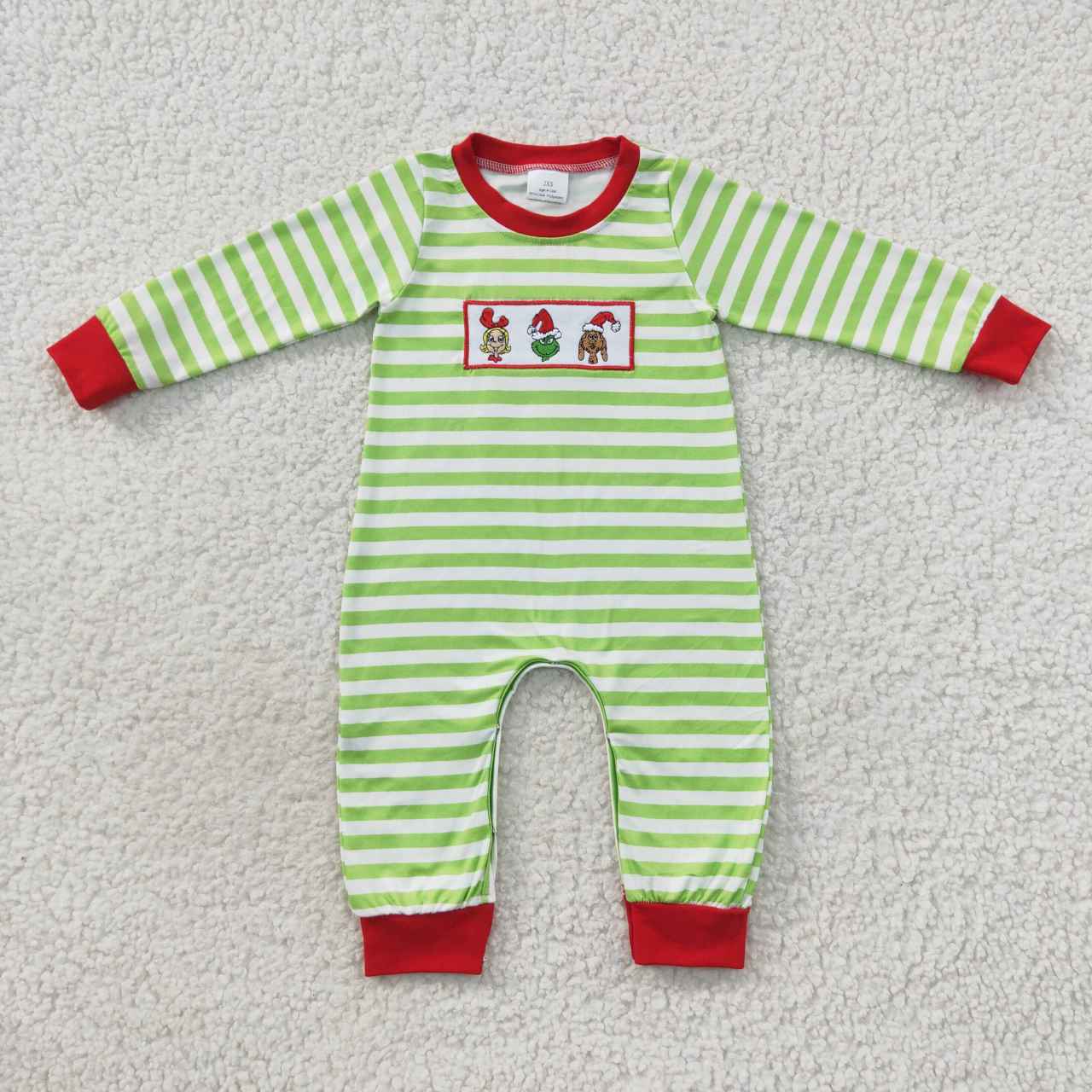 LR0388 RTS baby boy clothes embroidery green stripe christmas romper