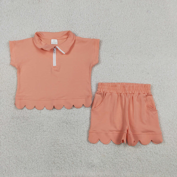 GSSO3374 RTS kids clothes coral cotton girl summer outfit  clothing set scalloped shorts set