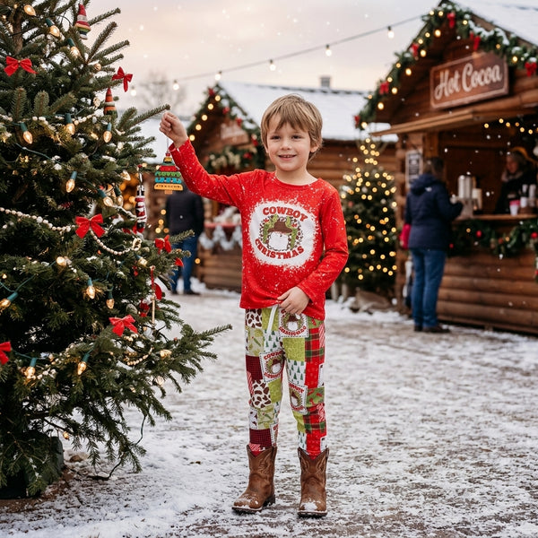 RTS BLP0375 baby boy clothes cowboy santa christmas print long sleeve jogger pant outfit