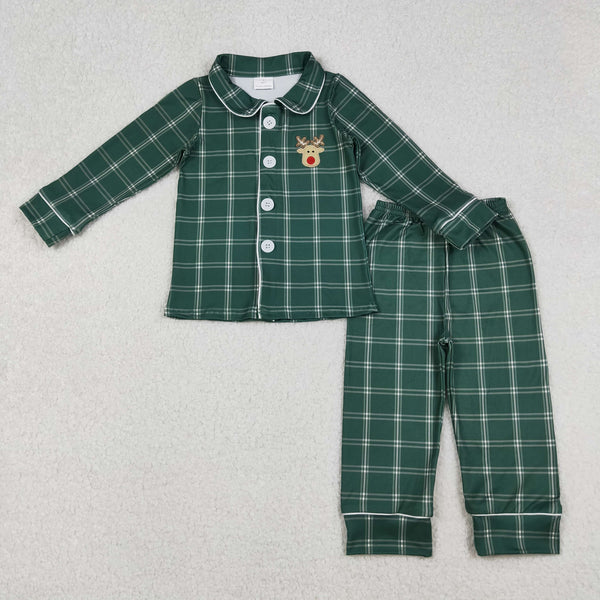 BLP0545 boy christmas deer claus emboridery pajamas green plaid sleep wear