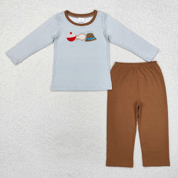 BLP0590 RTS baby boy clothes toddler boy fish outfit fishing clothing set embroidery